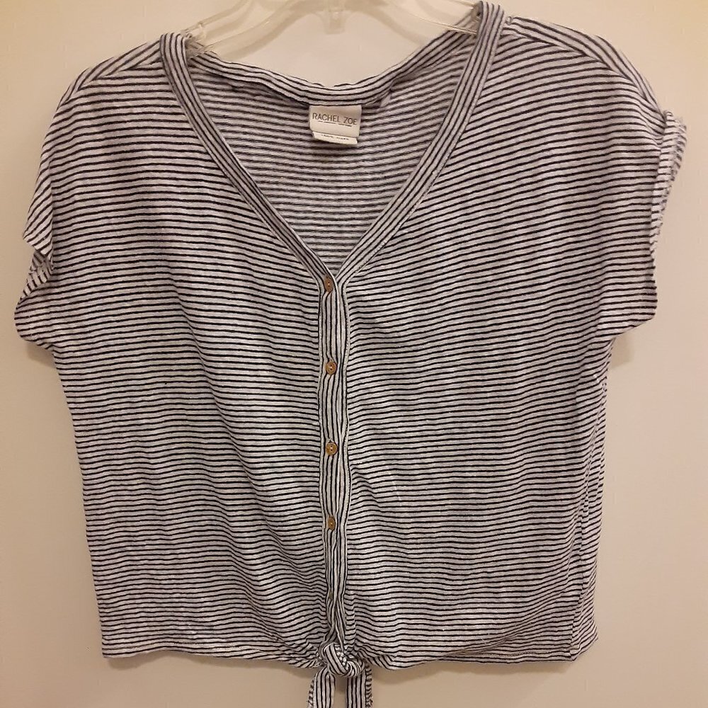Rachel & Zoe (S) Navy Blue/ White Striped Button Down Caplet Sleeves Top V Neck